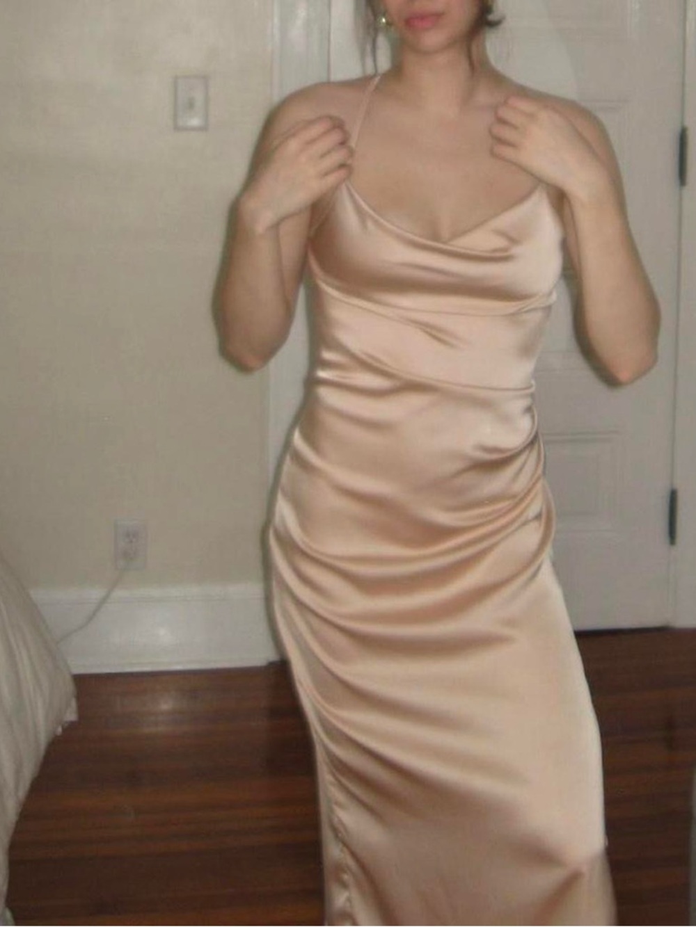 Champagne Satin Strapless Cowl Slip Dress